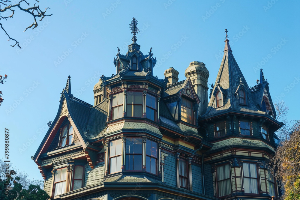 A majestic Victorian mansion with intricate detailing and towering turrets against a clear blue sky.