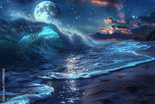 Waves of moonlit dreams shimmer along a dreamy shore.