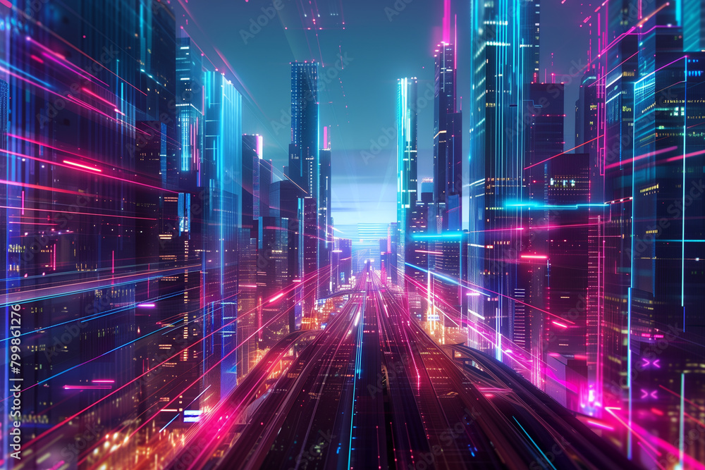 Techno Cityscape: A Vibrant Display of Urban Energy and Connectivity Techno Cityscape: A Vibrant Display of Urban Energy and Connectivity