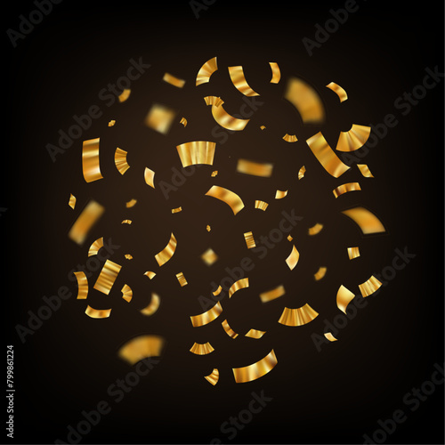 Golden confetti. Explosion of gold ribbon particles. Festive falling glitter.