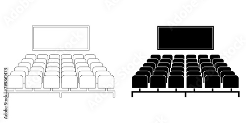 outline silhouette cinema hall icon set isolated on white background