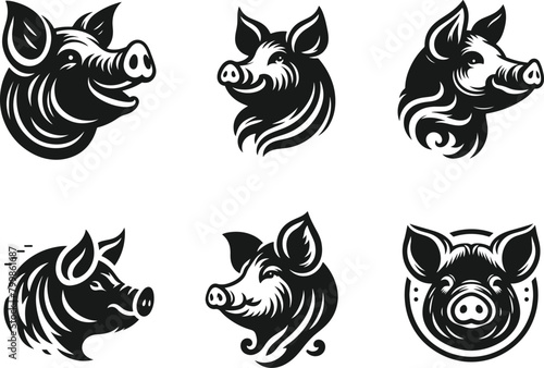 pig head silhouette set vector, vintage pig head logo symbol.