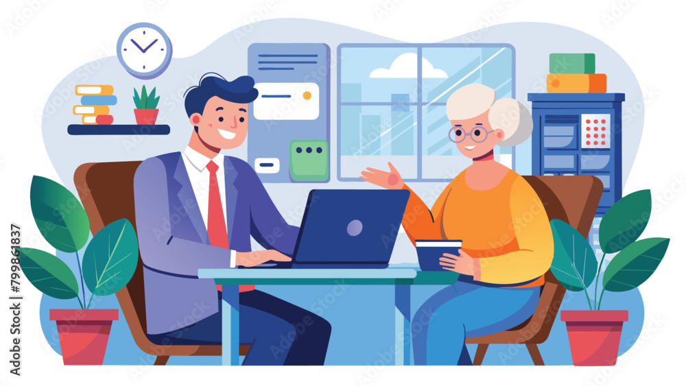 Consultation with a senior woman and tax finance professional, vector cartoon illustration Consultation with a senior woman and tax finance professional, vector cartoon illustration