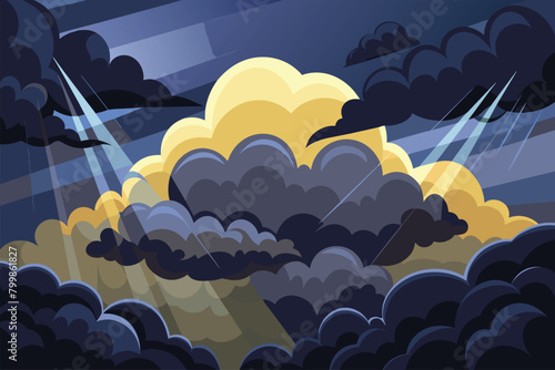 Dramatic sun rays piercing through storm clouds, vector cartoon illustration.