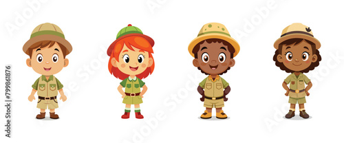 Young adventurers in safari outfits, vector cartoon illustration.