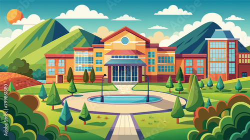 Modern school building with mountains,  vector cartoon illustration