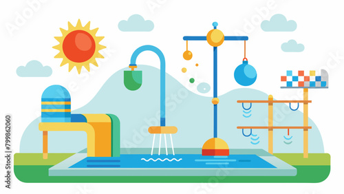 A water play area with adjustable water pressure and temperature accommodating children with sensory sensitivities.. Vector illustration