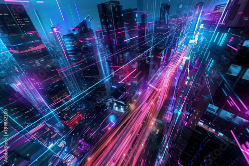 Vivid Neon Cityscape: The Thriving Pulse of Urban Technological Life