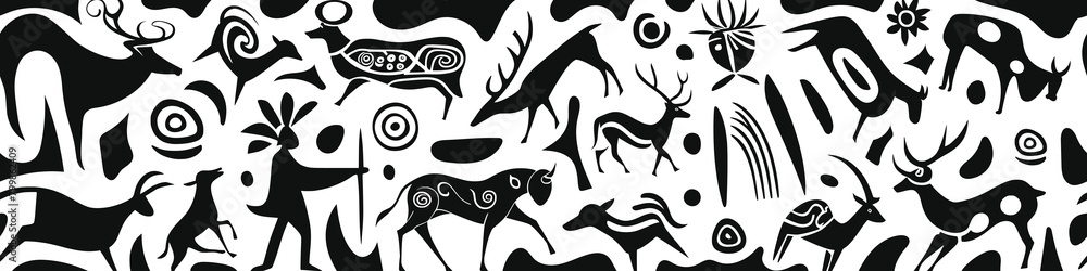 Fototapeta premium Seamless petroglyph border, rock paintings, isolated on white background, vector design 