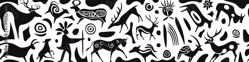 	
Seamless petroglyph border, rock paintings, isolated on white background, vector design	