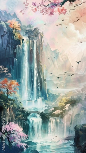 A fantasy landscape with a beautiful waterfall, painted in dreamy pastel watercolors, ethereal and soothing © miss[SIRI]