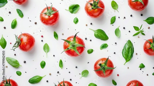 Beautiful ripe red tomatoes with green leaves on a clean white background - fresh organic vegetables photo