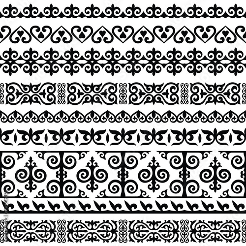 Ethnic background on the theme of Kazakh national ornament, seamless border set, vector design