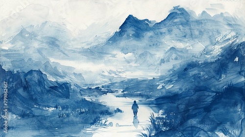 A lone soul wanders through a Chinese landscape, rendered in bold strokes of blue ink, tranquil photo