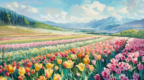 A lush tulip field sprawls over hills  rendered in soothing pastels for a tranquil watercolor landscape