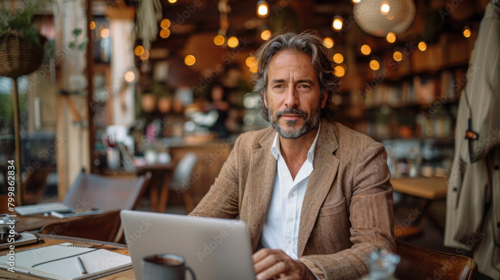 Mature Man Using Laptop in a Café Mature Man Using Laptop in a Café