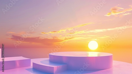 Ethereal sunshine in a violetyellow gradient sky illuminates a white podium, set against a dreamy sky backdrop © miss[SIRI]