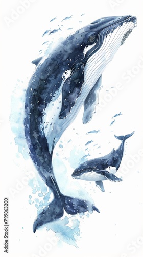 Soft watercolors illustrate a mother whale and her calf on a pristine white background, tender and serene