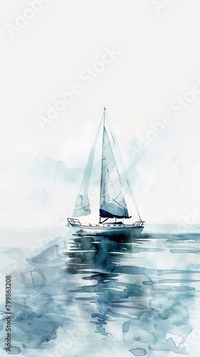 The calm sea and a quiet sailing boat rendered in soft watercolors, creating a serene atmosphere
