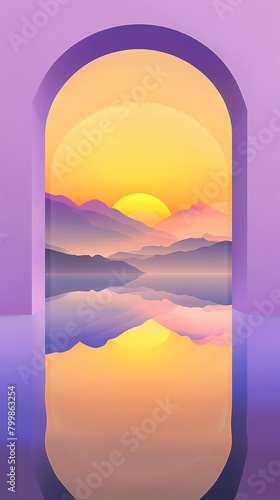 The hills under violetyellow gradient skies, framed by glass arches and mirrored on a calm water surface