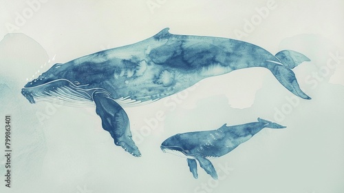 Watercolor scene of a mother whale guiding her baby, gentle tones, calm ocean surface, front view