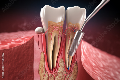 Periodontal Treatment: Visual representation of a periodontist performing scaling and root planing to remove plaque and tartar from below the gumline photo