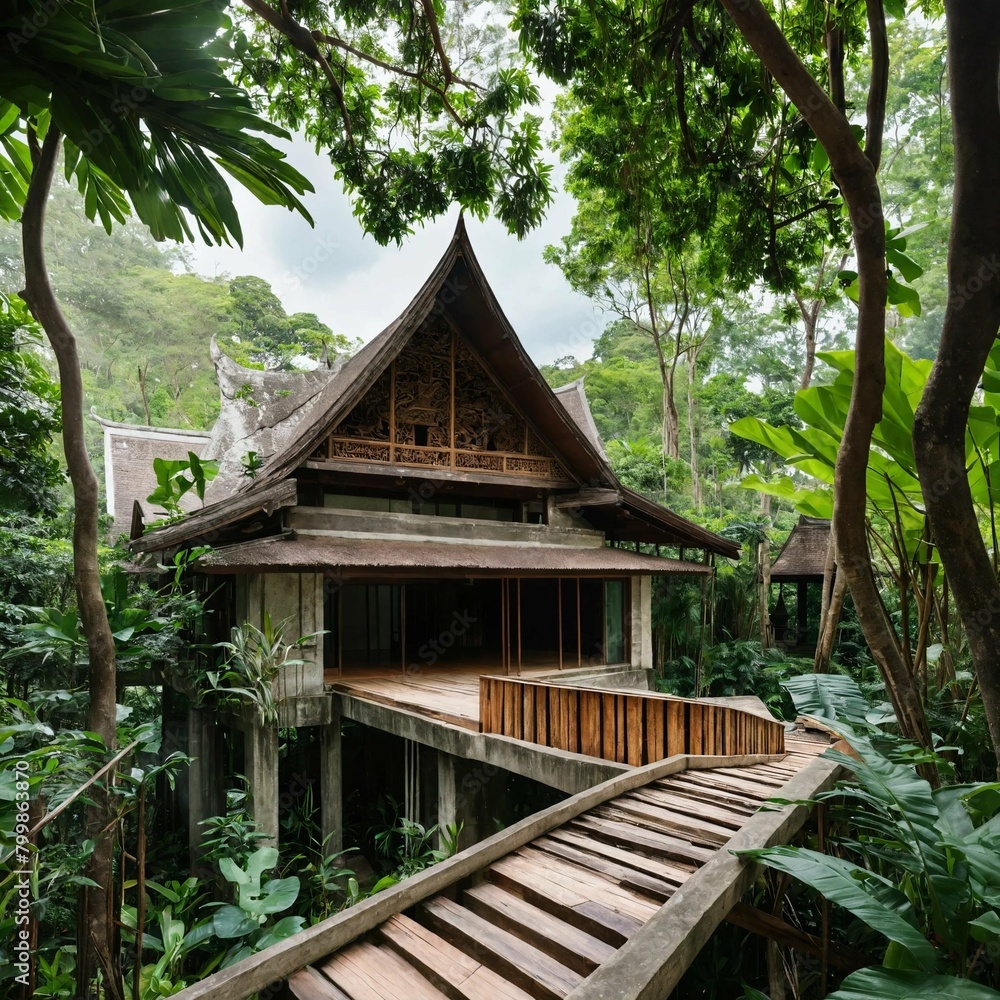 An ancient Thai-style house with a concrete structure An ancient Thai-style house with a concrete structure