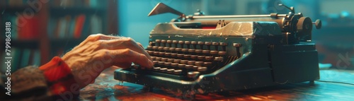 A hand typing on a vintage typewriter with a library in the background. photo