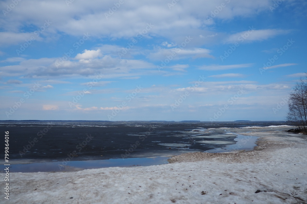 Lake Onega is a lake in northwestern Russia, on the territory of the Republic of Karelia, Leningrad Oblast and Vologda Oblast. It belongs to the basin of the Baltic Sea. Ice melting in early spring