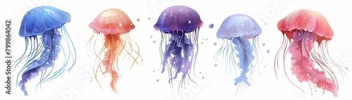 Jellyfish are free-swimming marine coelenterates with a gelatinous bell or saucer-shaped body that is typically transparent and has stinging tentacles around the edge. photo