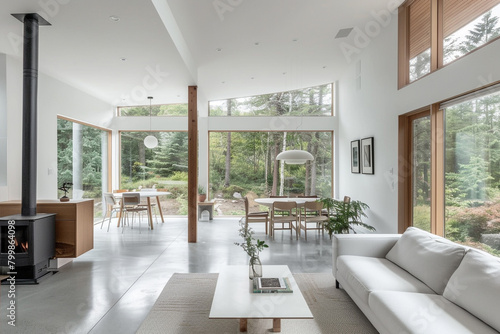 A minimalist Scandinavian-inspired house with clean white walls and large windows framing nature.