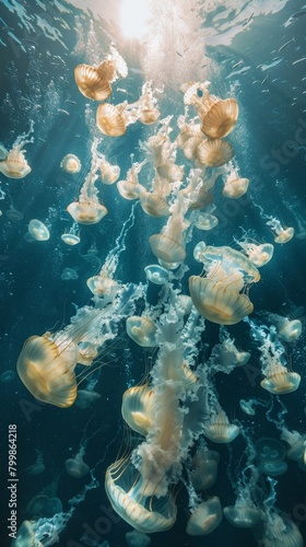 The image shows a group of jellyfish swimming in the ocean. The jellyfish are mostly white and have long, trailing tentacles. They are swimming in a blue-green water.