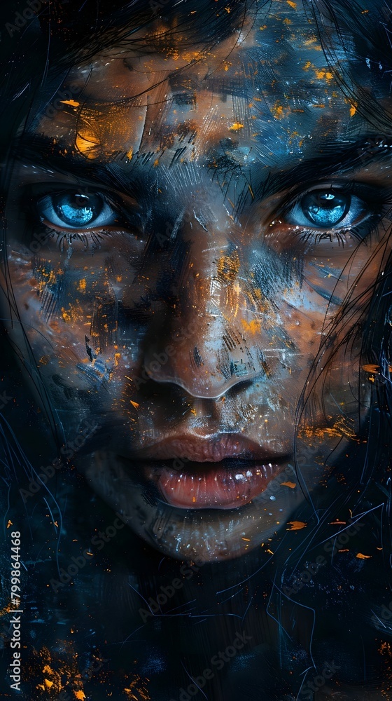Captivating Ethereal Portrait of an Enigmatic Female Face with Intense Gaze and Vivid Digital Textures
