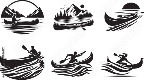 canoe boat silhouette set, sailboat race logo vector icon illustration