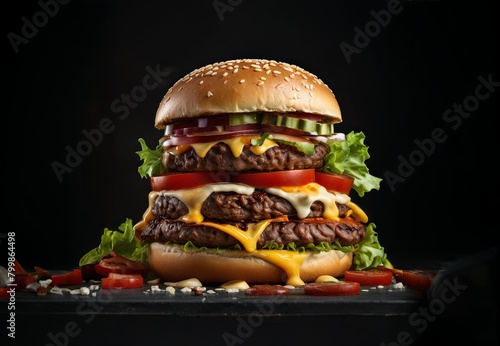 A big hamburger with meat, gigantic big juicy sandwich with meat and salad in a bun