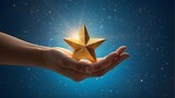 /imagine: A woman's hand delicately holds a single golden star against a vibrant blue background, evoking a sense of accomplishment and excellence in customer experience. The star shines brightly, sym