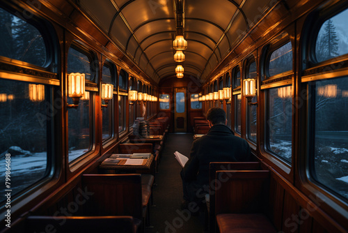 Lone passenger contemplating the view in an old train carriage at sunset.