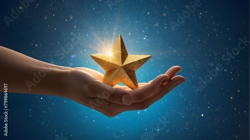 /imagine: A woman's hand delicately holds a single golden star against a vibrant blue background, evoking a sense of accomplishment and excellence in customer experience. The star shines brightly, sym photo