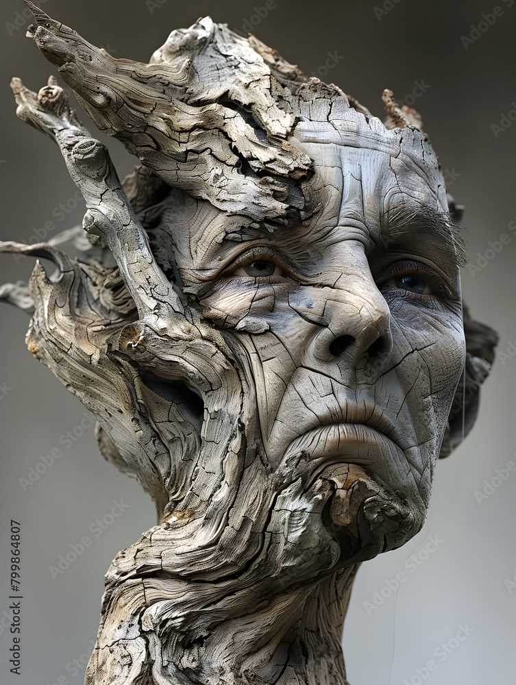 Fototapeta premium Gnarled Wooden Face with Primal Emotional Expression