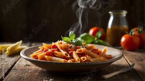 /imagine: A close-up photograph of Italian penne all'arrabbiata on a rustic wooden table, with steam rising from the dish, captured with a 50mm lens, emphasizing the vibrant colors and textures of the