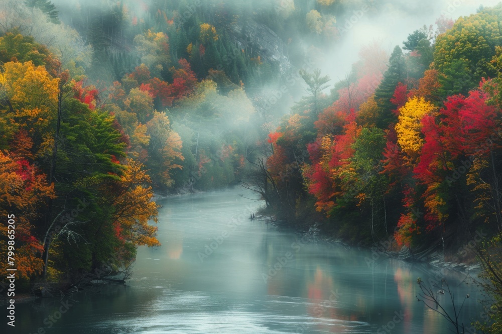 Enchanted Autumn Forest with Misty River