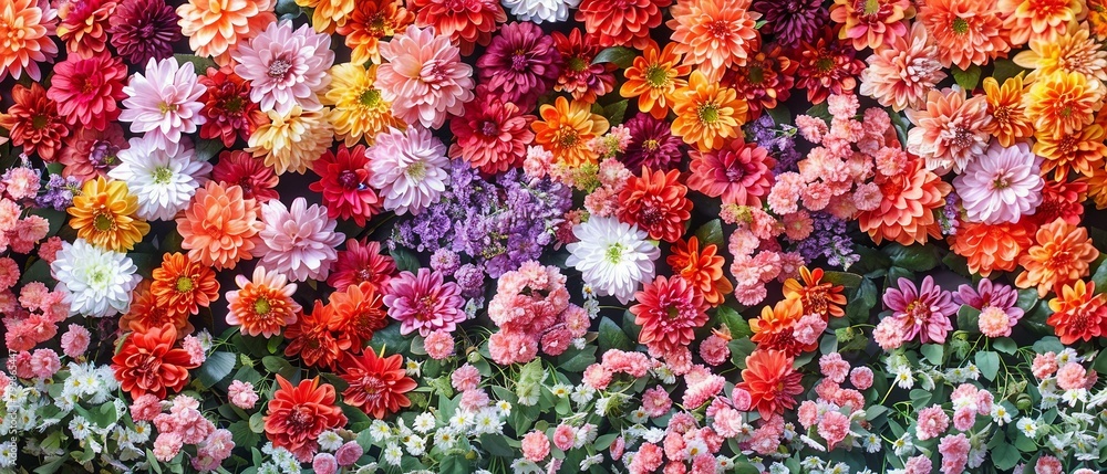 A panoramic image of a vibrant and colorful flower wall