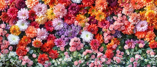 A panoramic image of a vibrant and colorful flower wall