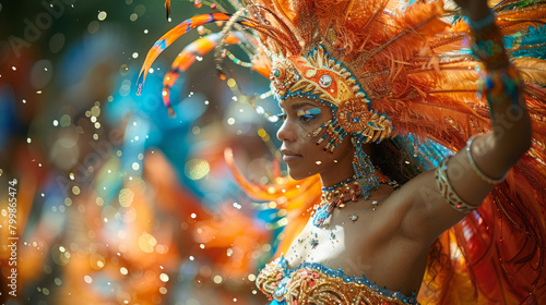 Vibrant Carnival Dancer in Ornate Costume with Feathers and Beads