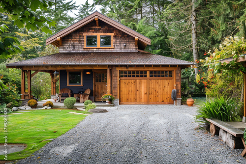 A ranch-style house with a covered porch and a gravel driveway leading to a wooden garage. © shafiq