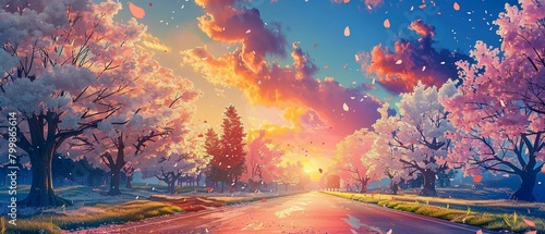 A vibrant sunset view of a tree-lined road in spring