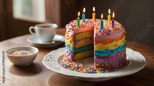  imagine  A vibrant birthday cake with colorful frosting and sprinkles  placed on a polished wooden table in a warmly lit room. --ar 3 2 --v 4 