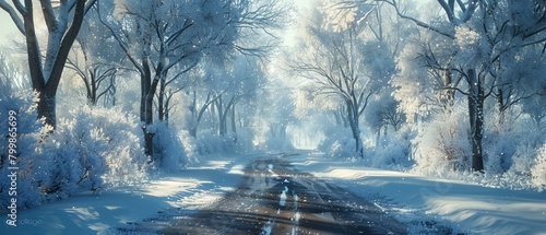 A wintery scene of a tree-lined road after a fresh photo