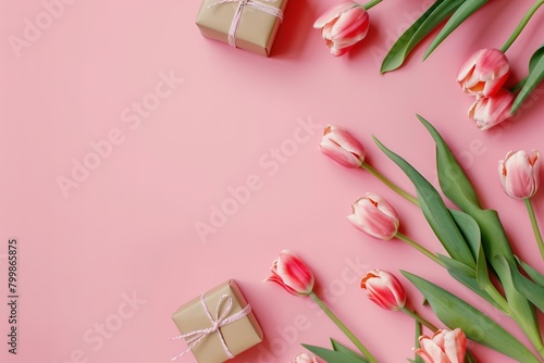 pink tulips and gift box
Vibrant Spring Tulips and Gift Boxes on Pink Background, Happy Mother's Day Concept #799865875