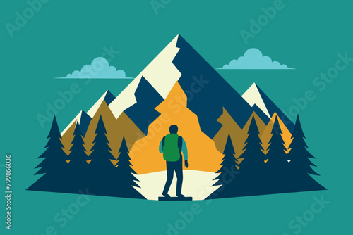 Mountain and forest vector illustration with silhouette of tourist vector